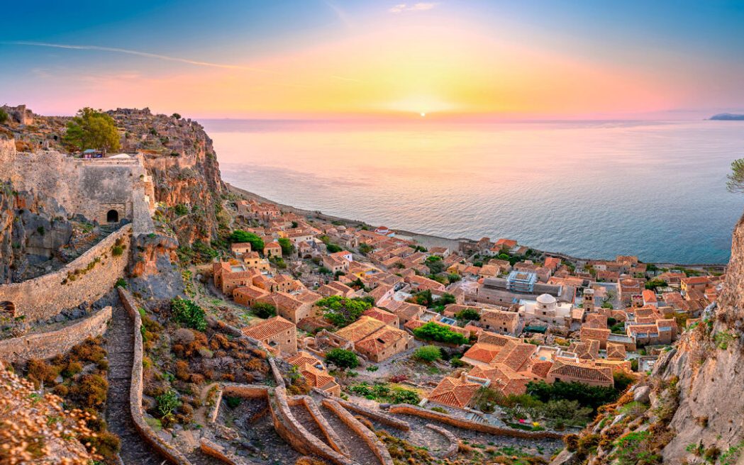 Monemvasia at sunset, seen from the castle above the town